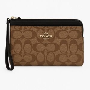 Coach Signature Double Zip Wristlet – Brown & Black Leather Trim